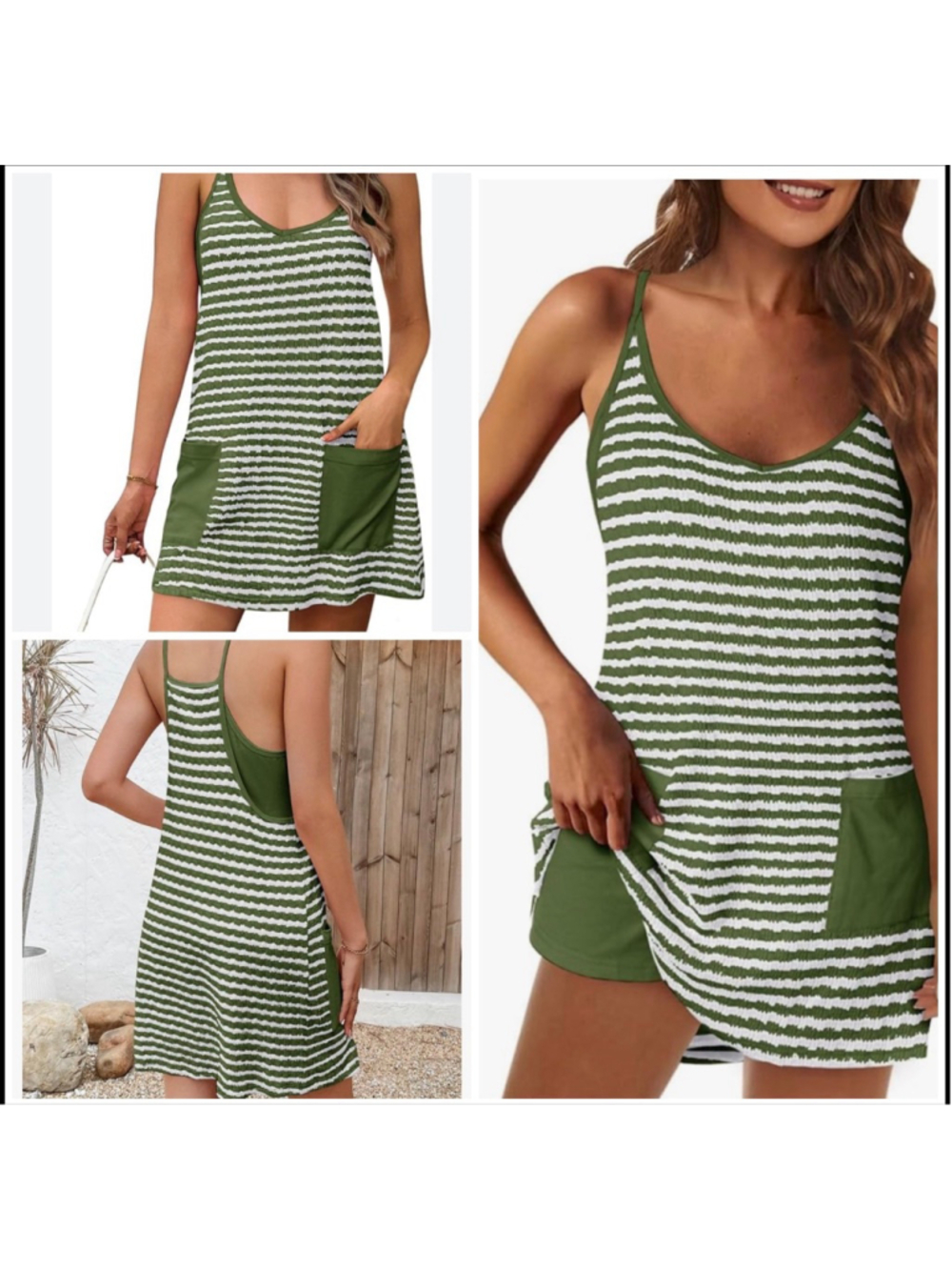 Green & White Striped Mini Dress with Pockets XL Built-in Shorts